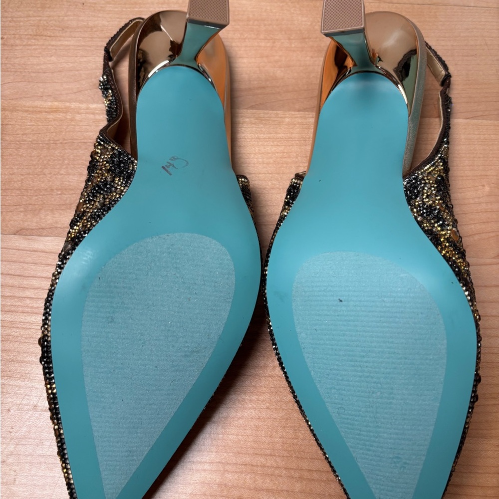 Betsey Johnson Black and Gold Embellished Slingback Heels - Picture 2 of 3